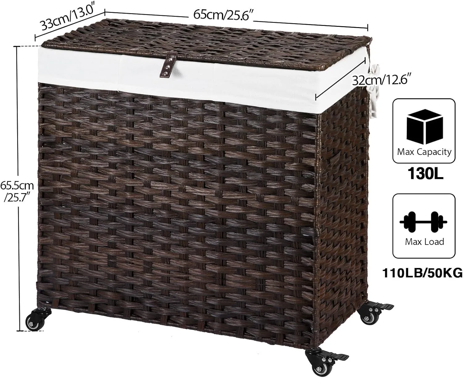 GREENSTELL Laundry Hamper with Wheels&Lid, 130L Large 3 Sections Clothes Hamper with 2 Types Removable Liner Bags, 5 Mesh Laundry Bags, Handwoven Divided Laundry Basket Brown