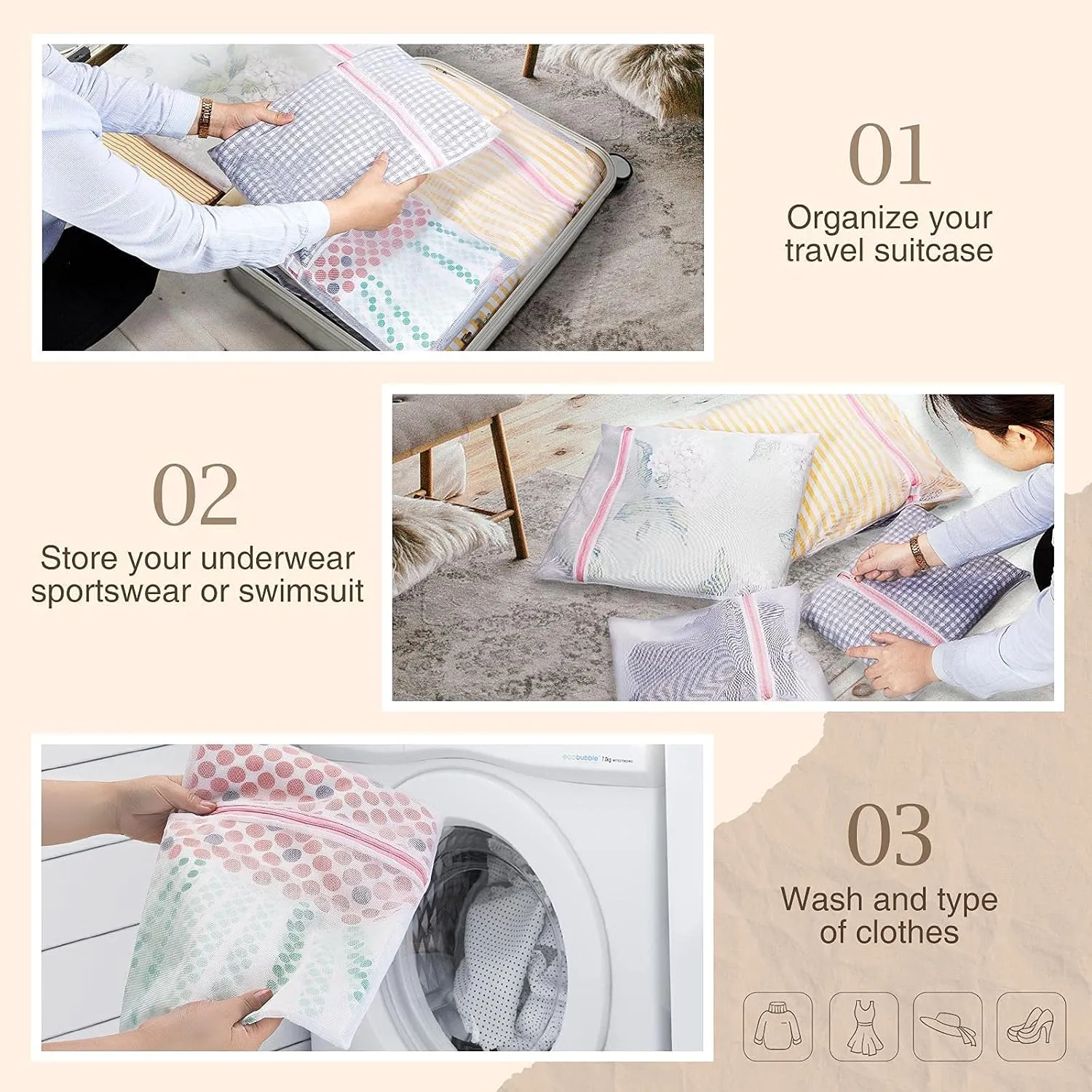 GREENSTELL Laundry Hamper with Wheels&Lid, 130L Large 3 Sections Clothes Hamper with 2 Types Removable Liner Bags, 5 Mesh Laundry Bags, Handwoven Divided Laundry Basket Brown
