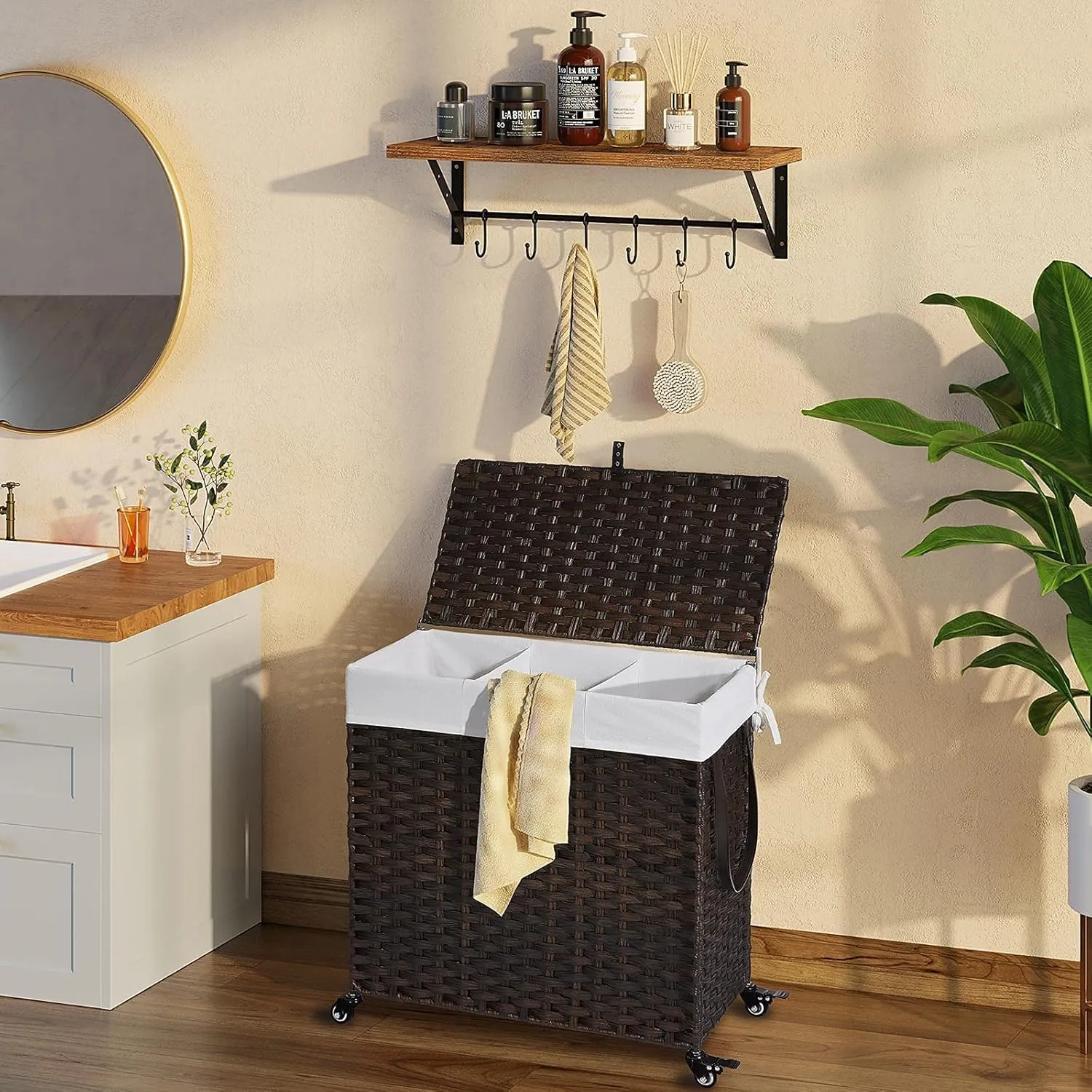 GREENSTELL Laundry Hamper with Wheels&Lid, 130L Large 3 Sections Clothes Hamper with 2 Types Removable Liner Bags, 5 Mesh Laundry Bags, Handwoven Divided Laundry Basket Brown