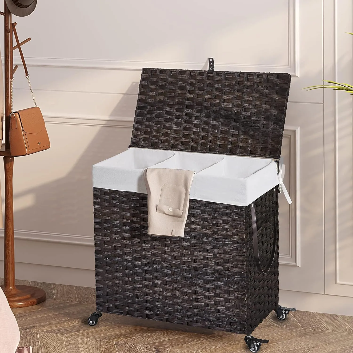 GREENSTELL Laundry Hamper with Wheels&Lid, 130L Large 3 Sections Clothes Hamper with 2 Types Removable Liner Bags, 5 Mesh Laundry Bags, Handwoven Divided Laundry Basket Brown