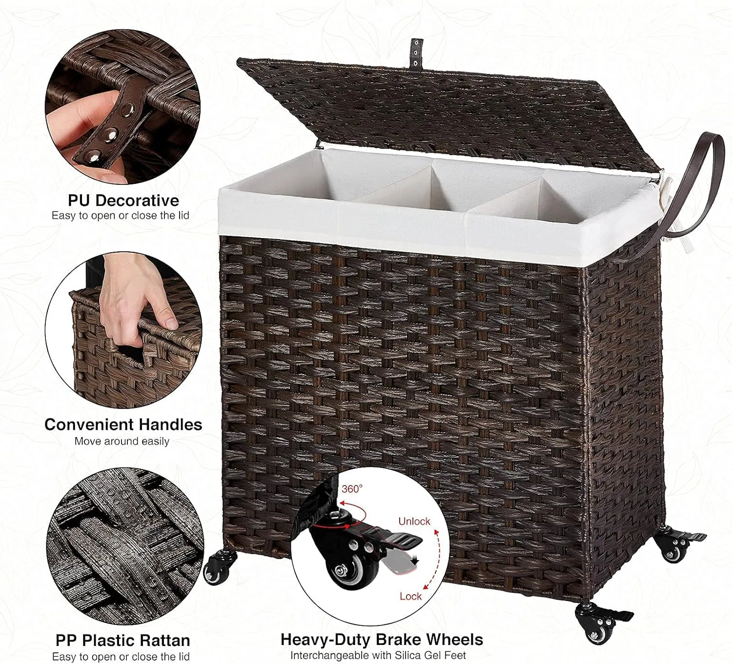 GREENSTELL Laundry Hamper with Wheels&Lid, 130L Large 3 Sections Clothes Hamper with 2 Types Removable Liner Bags, 5 Mesh Laundry Bags, Handwoven Divided Laundry Basket Brown
