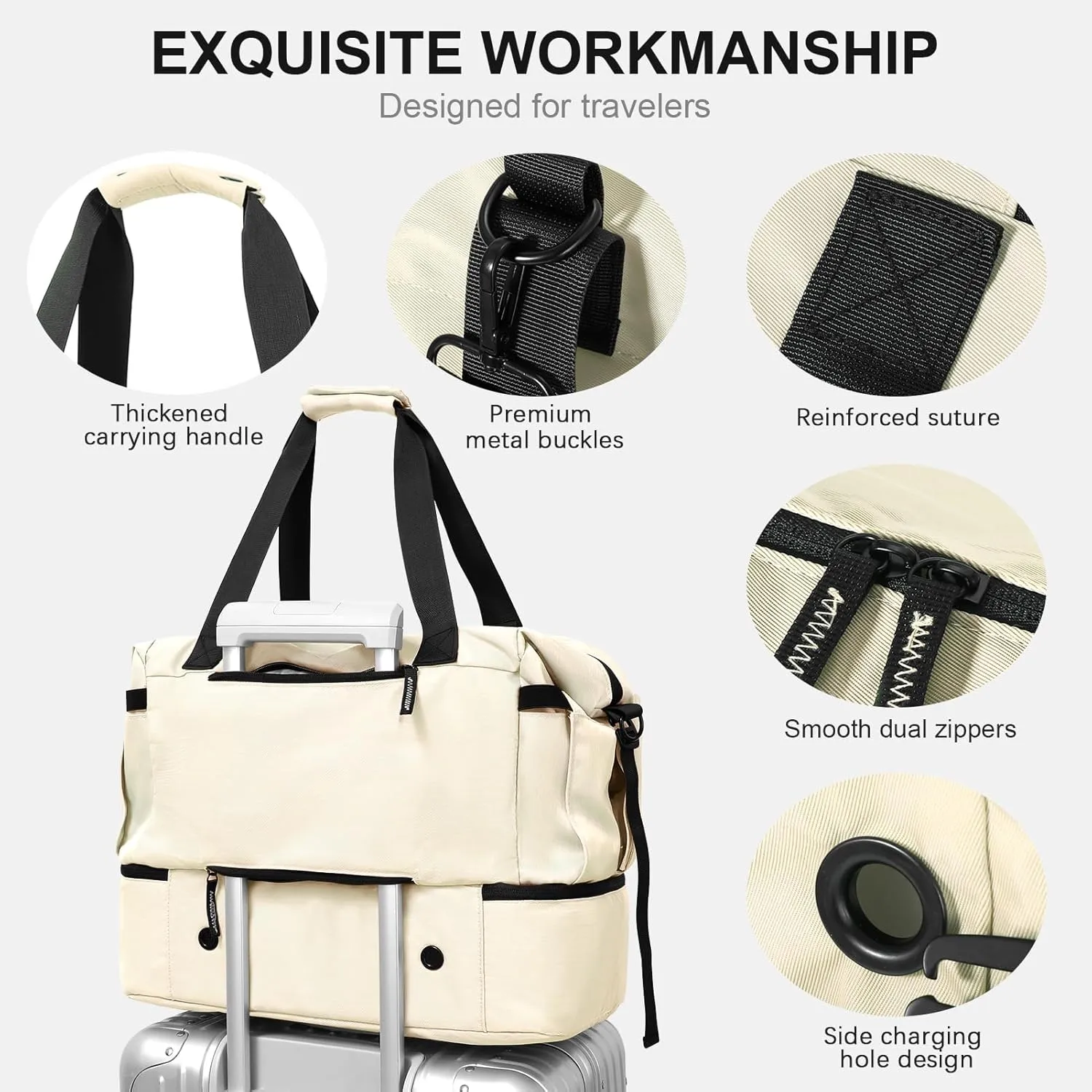 Gym Bag for Women, Weekender Bags for Women with Shoes Compartment, Personal Item Travel Duffel Bag with Wet Pocket & USB Charging Port, Carry On Bag for Women, Travel, Gym, Weekend(Off white)