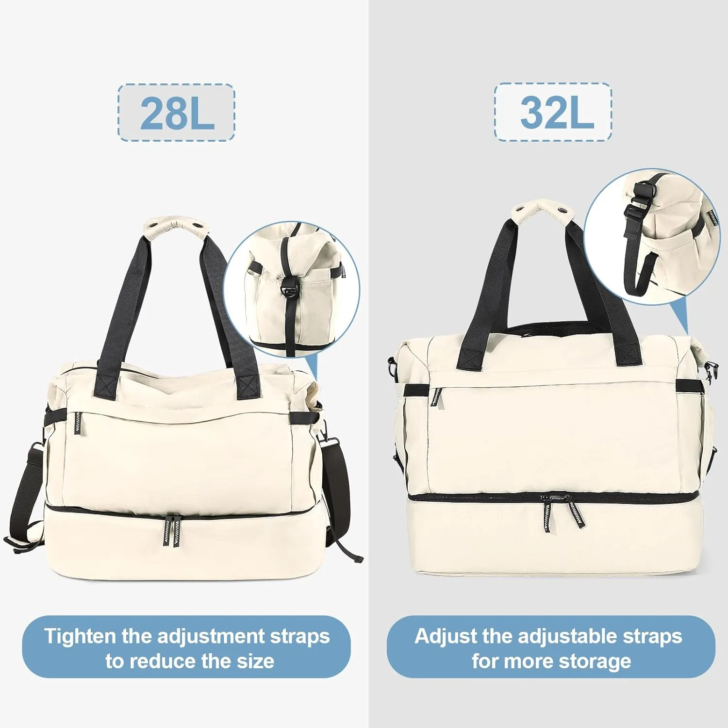 Gym Bag for Women, Weekender Bags for Women with Shoes Compartment, Personal Item Travel Duffel Bag with Wet Pocket & USB Charging Port, Carry On Bag for Women, Travel, Gym, Weekend(Off white)