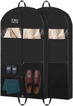 Habrur Clothes Cover 2pcs Suit Bags 50"" Hanging Garment Bags With Zipper & 3 Large Mesh Pockets Suit Bags, 57*7.8*125cm, Black