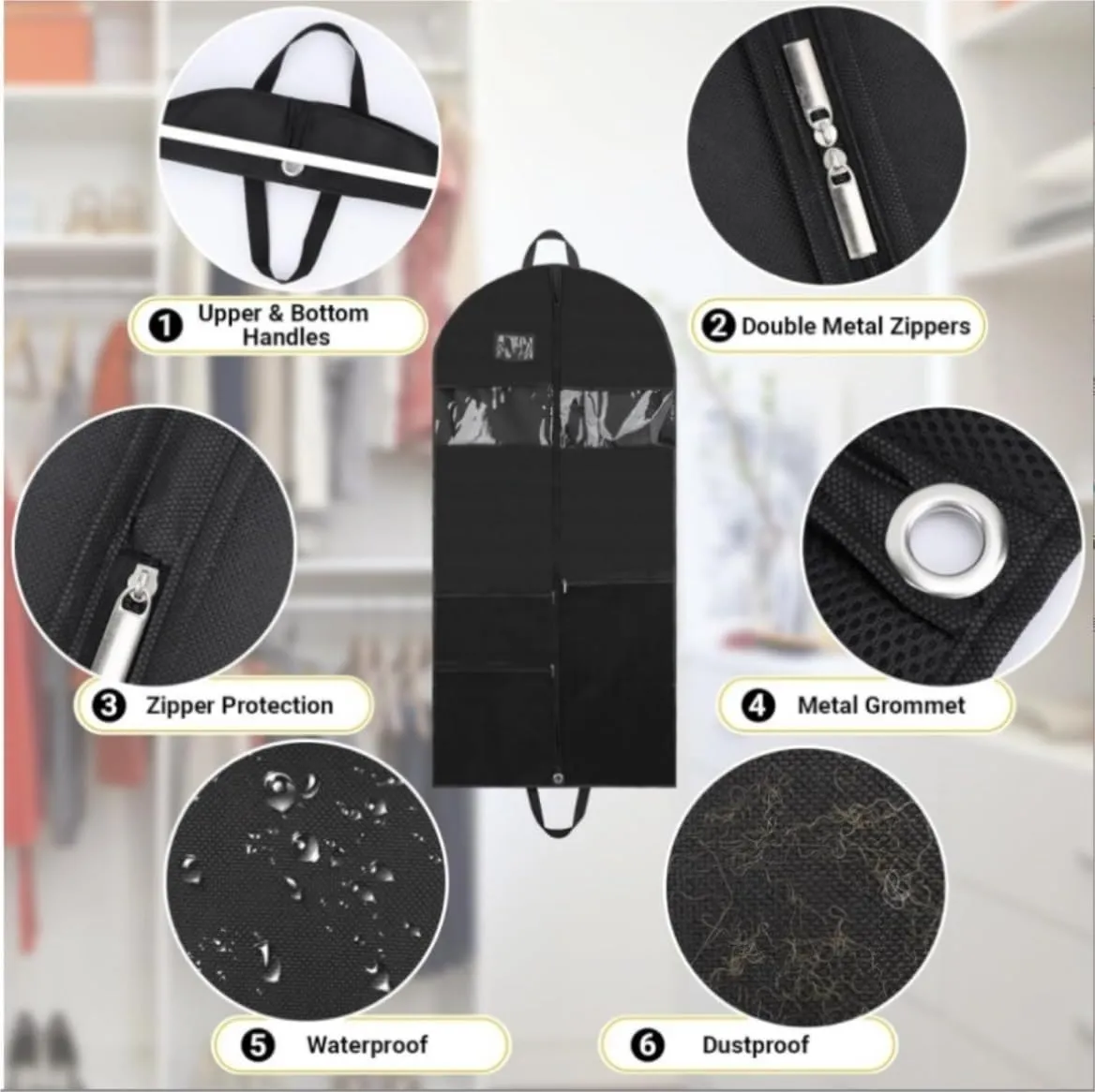 Habrur Clothes Cover 2pcs Suit Bags 50"" Hanging Garment Bags With Zipper & 3 Large Mesh Pockets Suit Bags, 57*7.8*125cm, Black