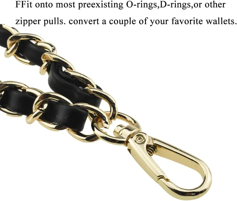 HAHIYO 7.9 inches Length 12mm Width Chain Strap Wristlet Black Leather Intertwined with Gold Chain Prevent Snag Easy Match Purse Accessories Replacement 1 PCS for Handbag Clutch Wallet Phone Case