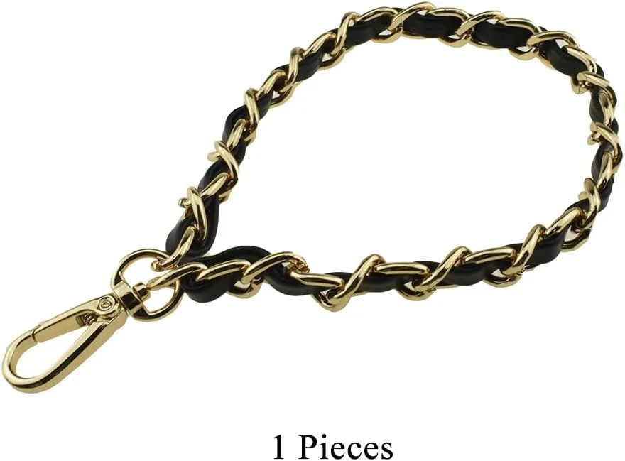 HAHIYO 7.9 inches Length 12mm Width Chain Strap Wristlet Black Leather Intertwined with Gold Chain Prevent Snag Easy Match Purse Accessories Replacement 1 PCS for Handbag Clutch Wallet Phone Case