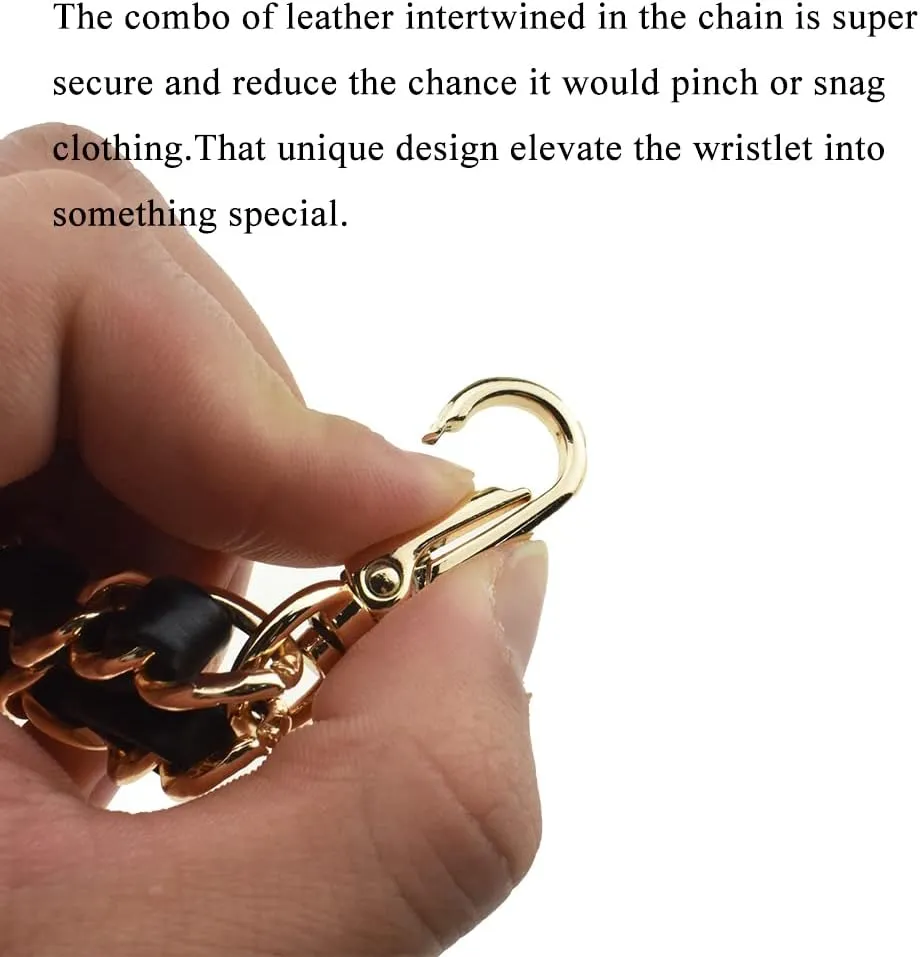 HAHIYO 7.9 inches Length 12mm Width Chain Strap Wristlet Black Leather Intertwined with Gold Chain Prevent Snag Easy Match Purse Accessories Replacement 1 PCS for Handbag Clutch Wallet Phone Case