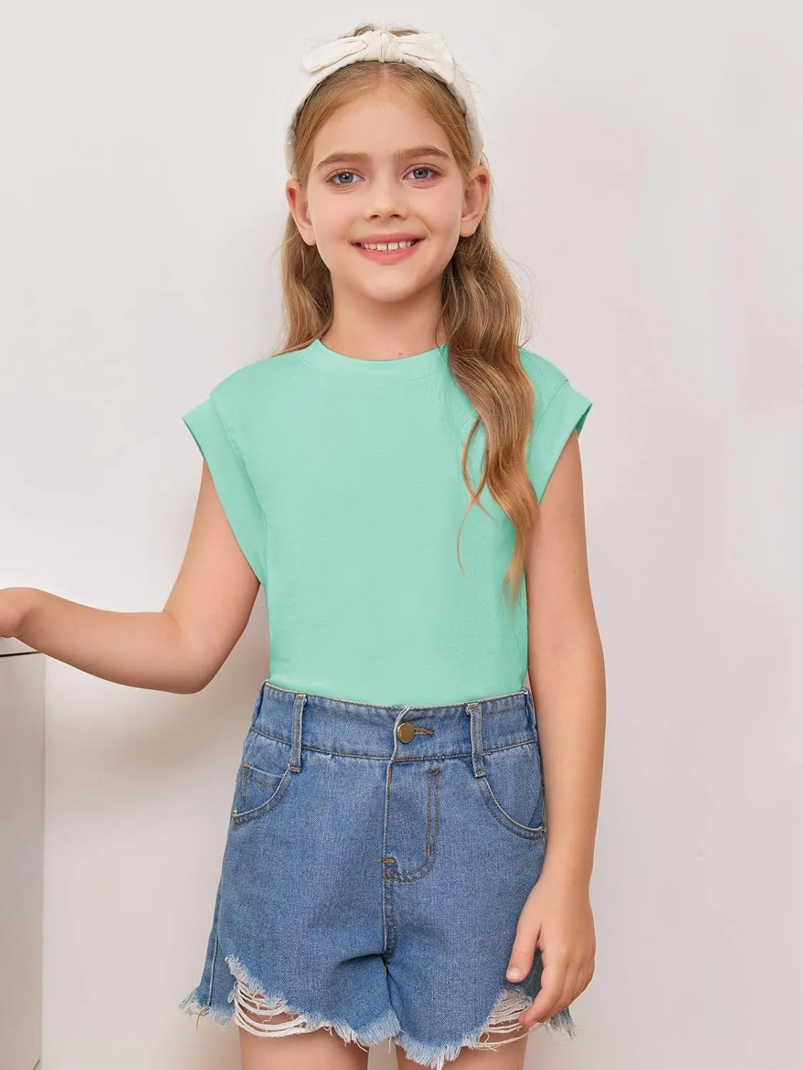 Haloumoning Girls Cap Sleeve Tops Summer Crewneck Tank Tops Cute T-Shirt Blouse 5-14 Years