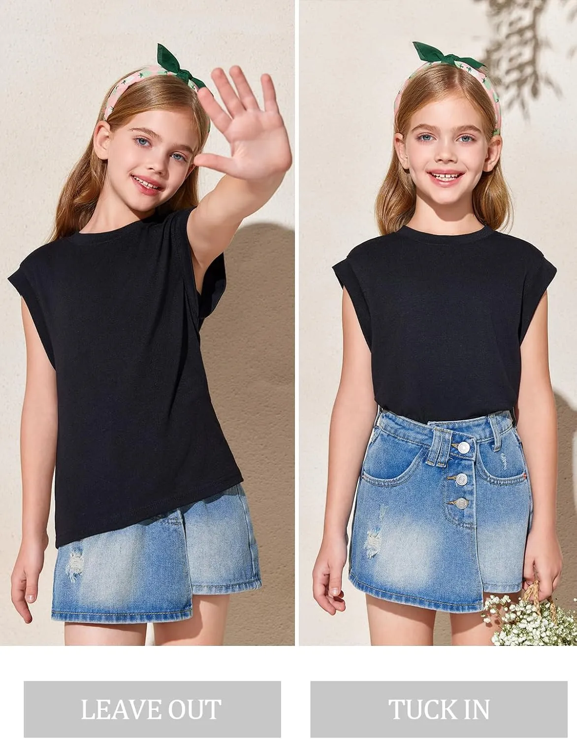 Haloumoning Girls Cap Sleeve Tops Summer Crewneck Tank Tops Cute T-Shirt Blouse 5-14 Years