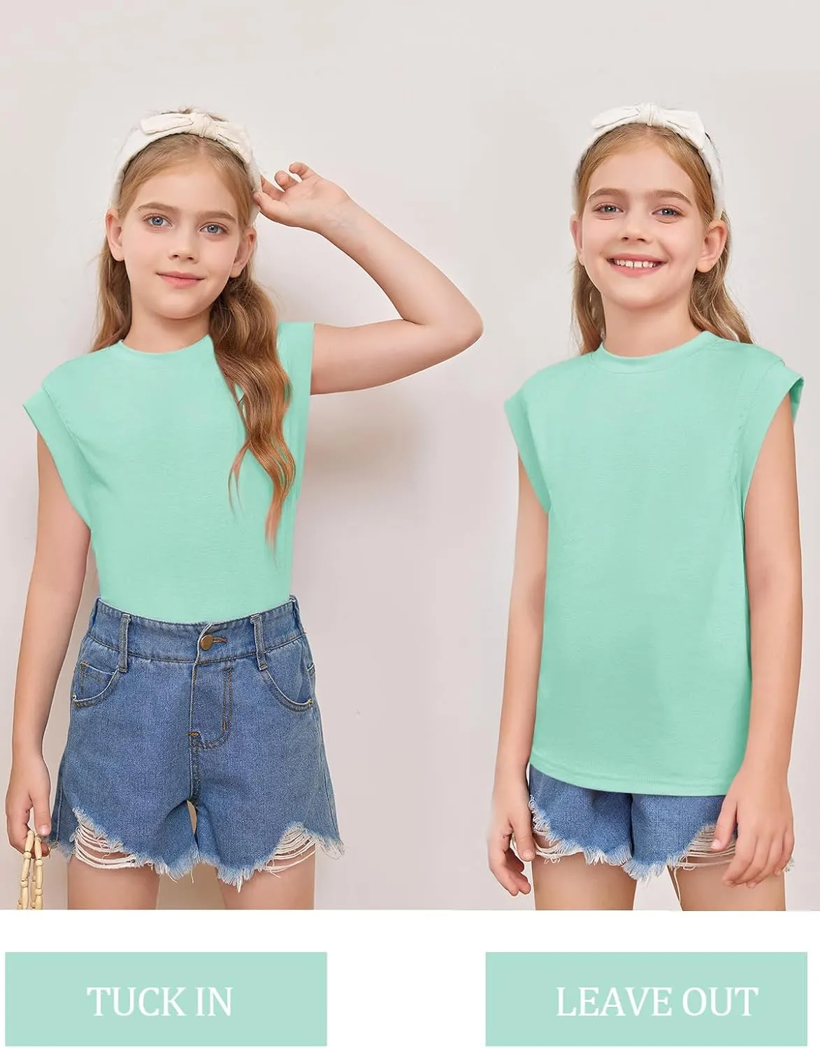 Haloumoning Girls Cap Sleeve Tops Summer Crewneck Tank Tops Cute T-Shirt Blouse 5-14 Years