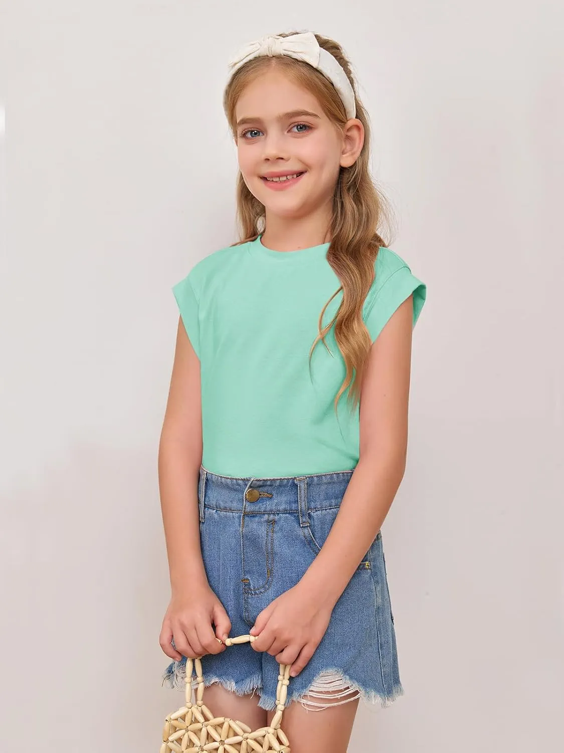 Haloumoning Girls Cap Sleeve Tops Summer Crewneck Tank Tops Cute T-Shirt Blouse 5-14 Years