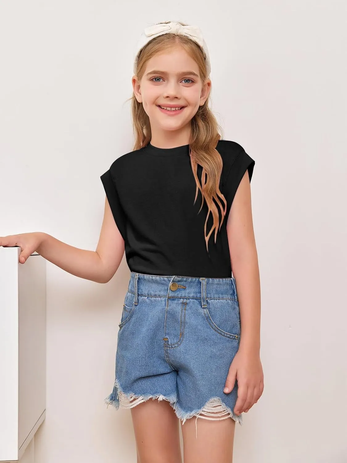Haloumoning Girls Cap Sleeve Tops Summer Crewneck Tank Tops Cute T-Shirt Blouse 5-14 Years