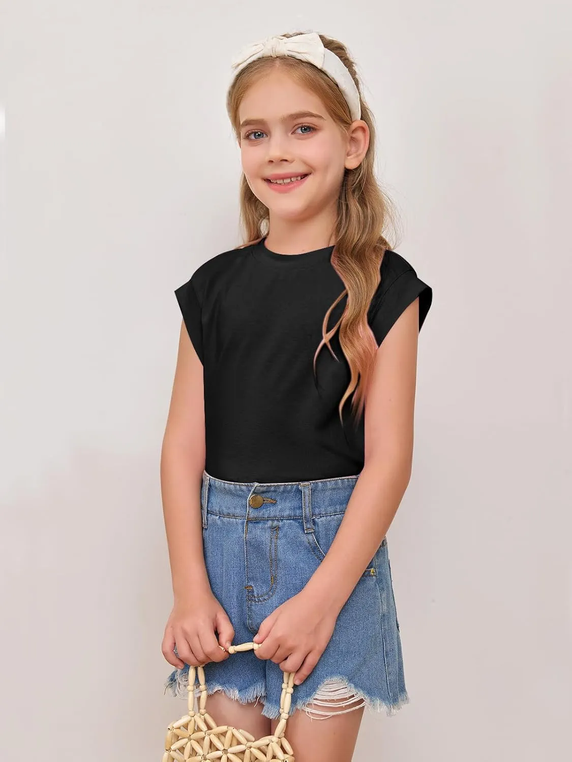 Haloumoning Girls Cap Sleeve Tops Summer Crewneck Tank Tops Cute T-Shirt Blouse 5-14 Years