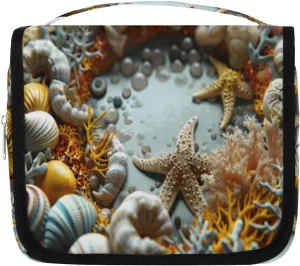 Hanging Toiletry Bag for Women & Men Small Travel Makeup Skincare Necessaire Organizer Kit Cosmetic Bags Waterproof Shower Pouch Expandable Compartments Starfish Coral Ocean