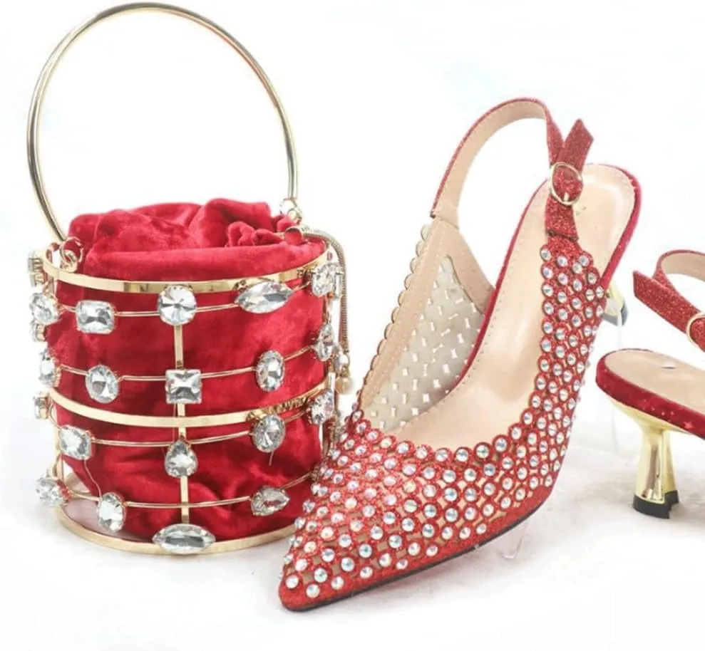 HBJWOV Metal Bucket Bag Corset Bag Diamond 6cm high Heels Metal Handle Dinner Bag(40)