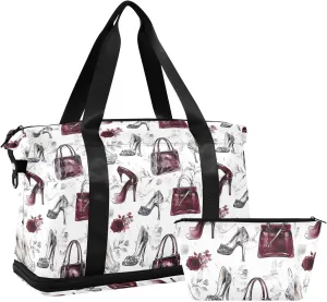 High Heels and Roses Sports Gym Bag with Waterproof Dry Wet Pocket, Travel Duffel Bag for Women MenWorkout Bag Fits Yoga, Swimming