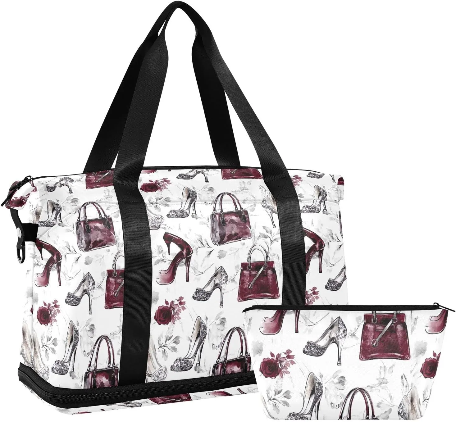 High Heels and Roses Sports Gym Bag with Waterproof Dry Wet Pocket, Travel Duffel Bag for Women MenWorkout Bag Fits Yoga, Swimming