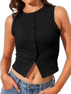 High Neck Tank Tops for Women Button Front Sleeveless Summer Cropped Tank Casual Slim Fitted Tank Tops