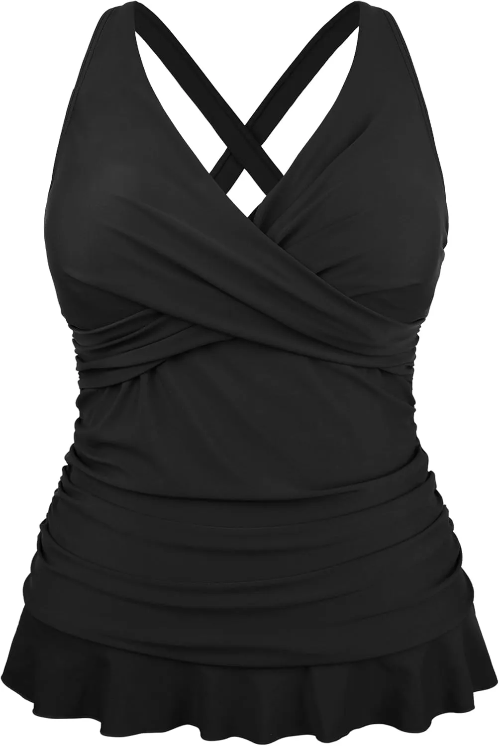 Hilor Women's Underwire Tankini Tops Tummy Control Swimsuits Crossover V Neck Swim Tops with Ruffle Hem
