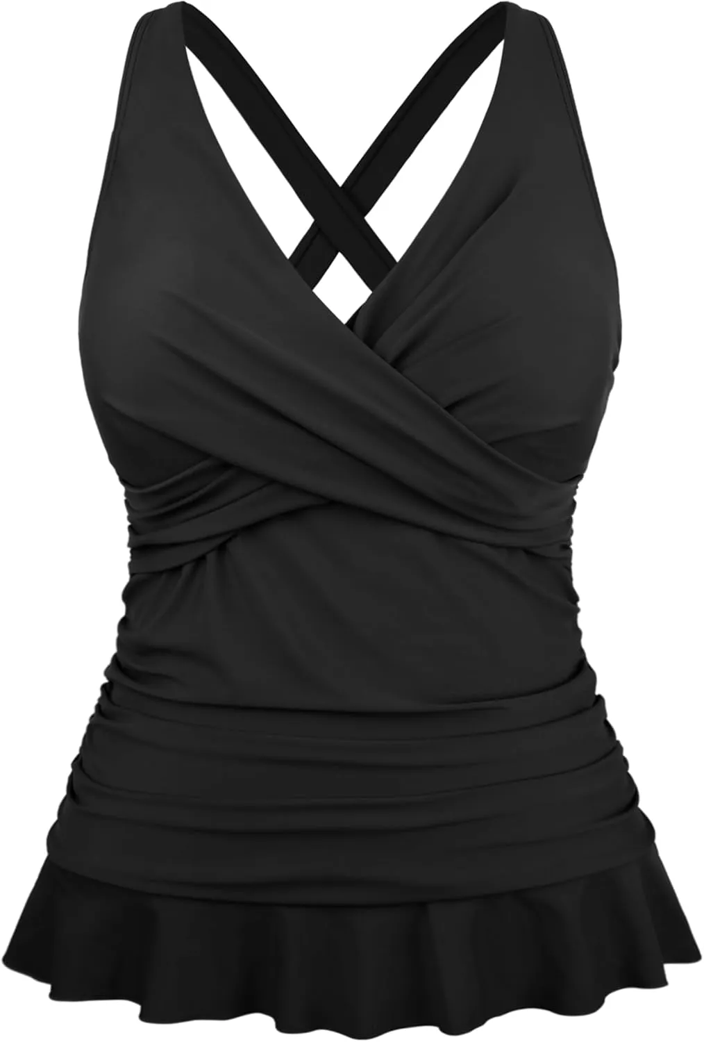 Hilor Women's Underwire Tankini Tops Tummy Control Swimsuits Crossover V Neck Swim Tops with Ruffle Hem