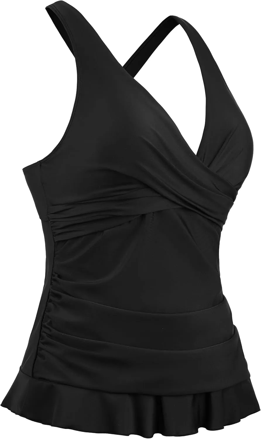 Hilor Women's Underwire Tankini Tops Tummy Control Swimsuits Crossover V Neck Swim Tops with Ruffle Hem