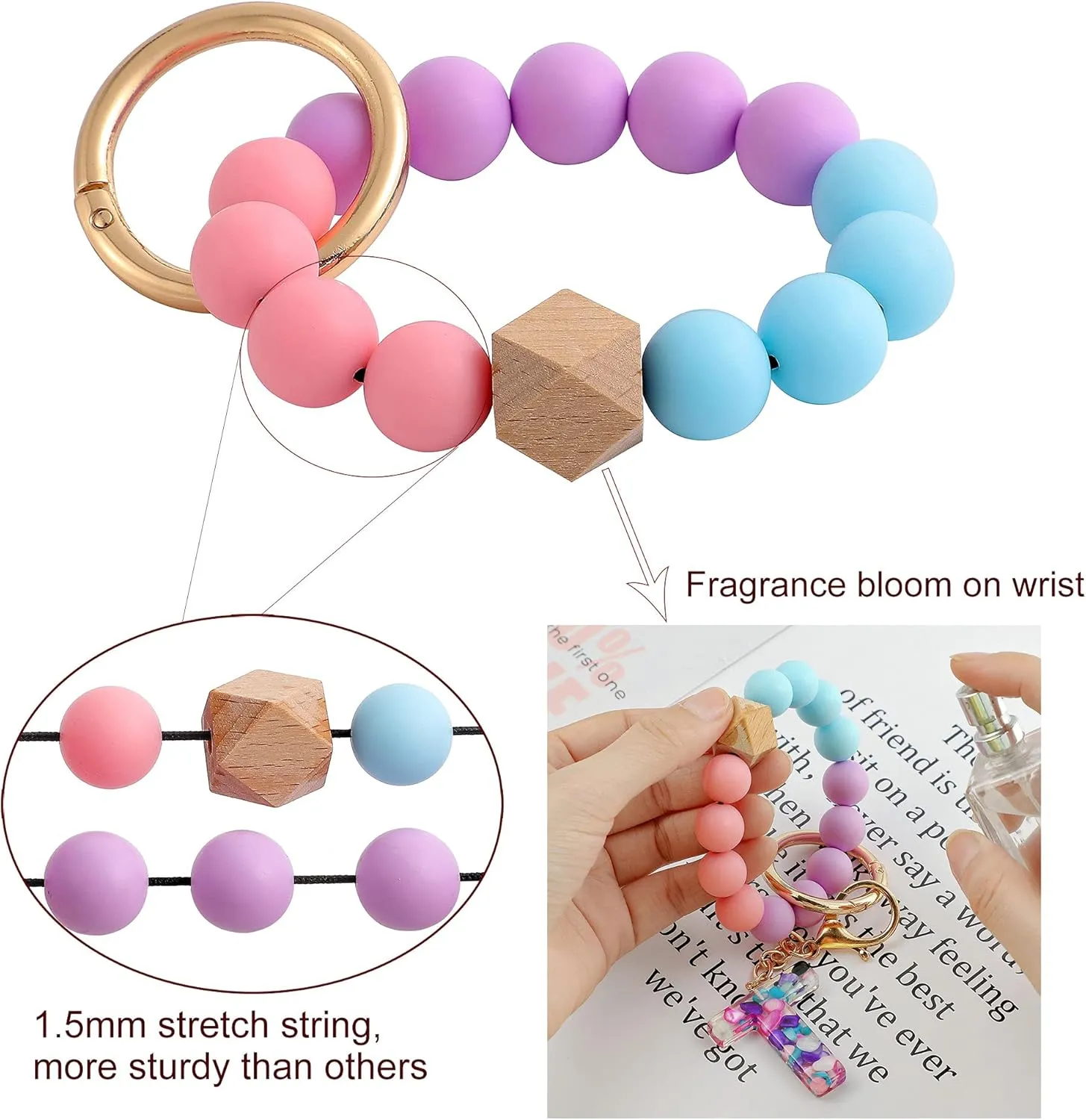 Initial A-Z House Car Keys Rings Silicone Beaded Bracelet Bangle Wristlet Keychains