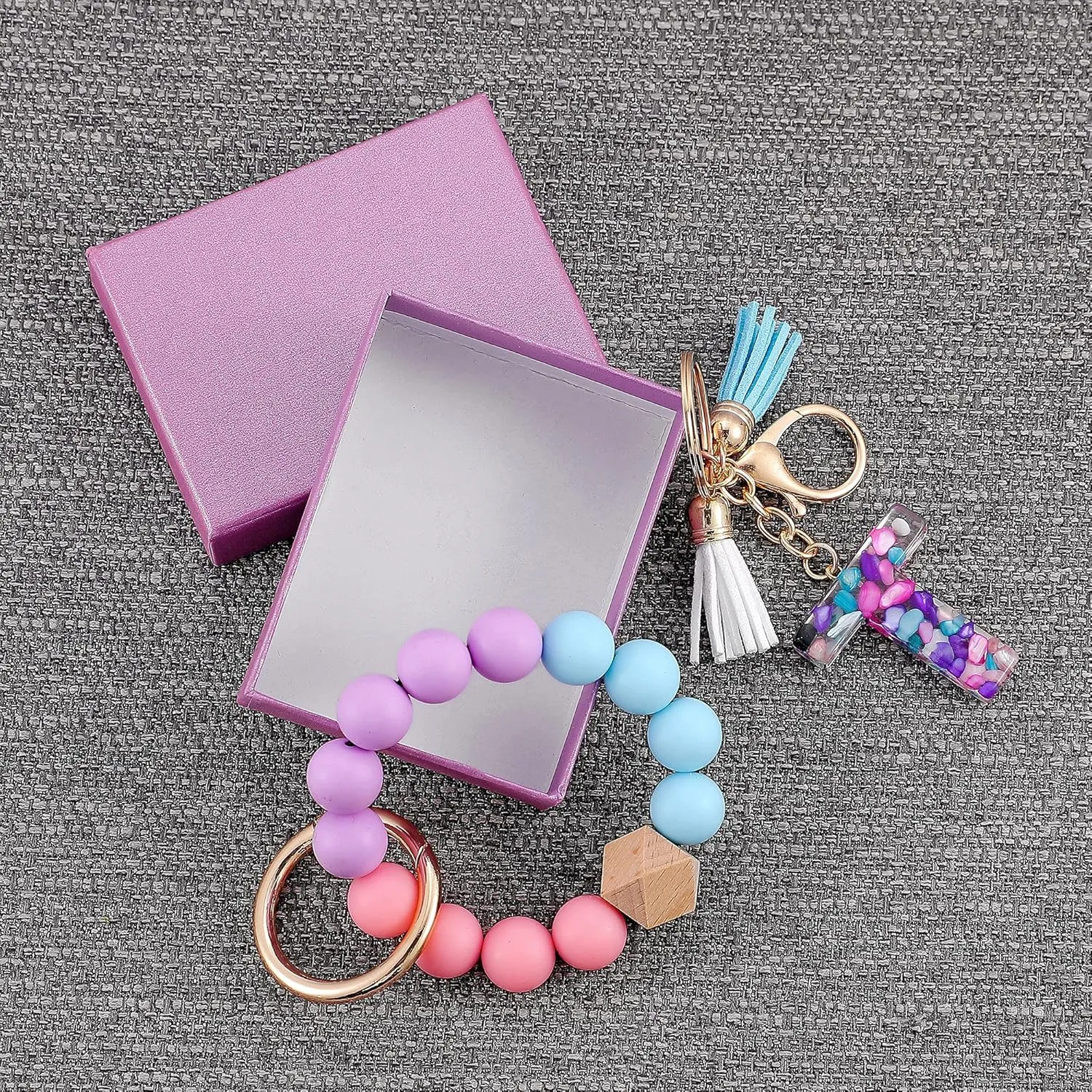 Initial A-Z House Car Keys Rings Silicone Beaded Bracelet Bangle Wristlet Keychains
