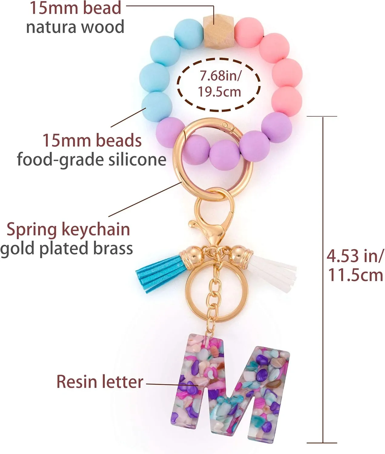 Initial A-Z House Car Keys Rings Silicone Beaded Bracelet Bangle Wristlet Keychains