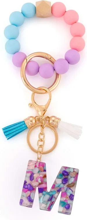 Initial A-Z House Car Keys Rings Silicone Beaded Bracelet Bangle Wristlet Keychains