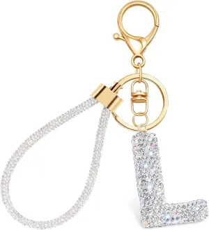 Initial Letter Keychain for Women,Bling Cute A-Z Letter Keychain with Wristlet Key Ring Sparkly Rhinestones Backpack Car Key Chain Crystal Bling Initial Keychain Gifts for Women Birthday Christmas(L)
