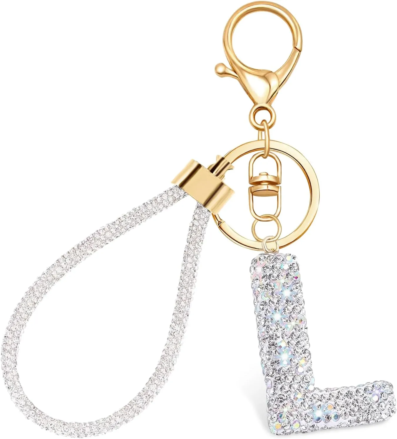 Initial Letter Keychain for Women,Bling Cute A-Z Letter Keychain with Wristlet Key Ring Sparkly Rhinestones Backpack Car Key Chain Crystal Bling Initial Keychain Gifts for Women Birthday Christmas(L)