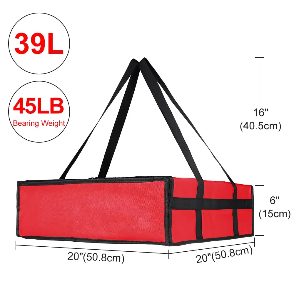 Insulated Pizza Delivery Bag for Carry Hot, 20" x 20" x 6" Carrier Warmer, Insulated Food Delivery Bag, Insulated Grocery Cooler Bags for Catering/Doordash, Commercial Food WarmersRed, 1Pk