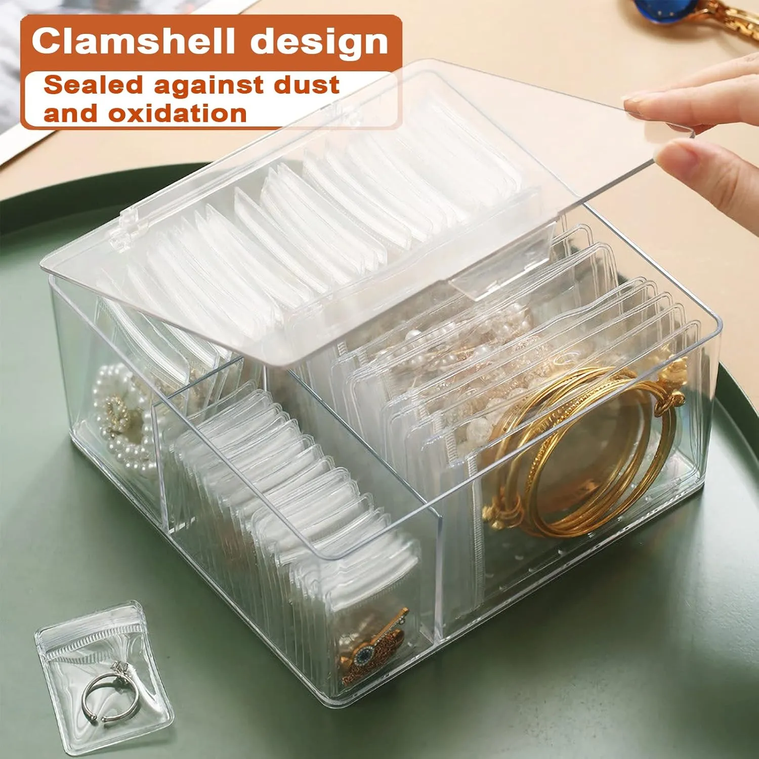 Jewelry Organizers for Women, Clear Acrylic Drawer Organizer Box with 10 Large Bags for Bracelet, 30 Middle Bags for Necklace, 20 Small Bags for Ring, Earring Storage Box
