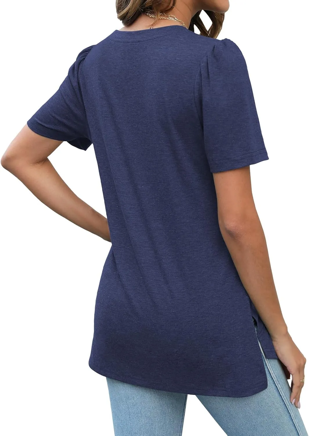 JomeDesign Summer Tops for Women Short Sleeve V Neck Shirts Side Split Loose Casual Tunic Tops
