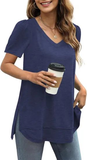 JomeDesign Summer Tops for Women Short Sleeve V Neck Shirts Side Split Loose Casual Tunic Tops