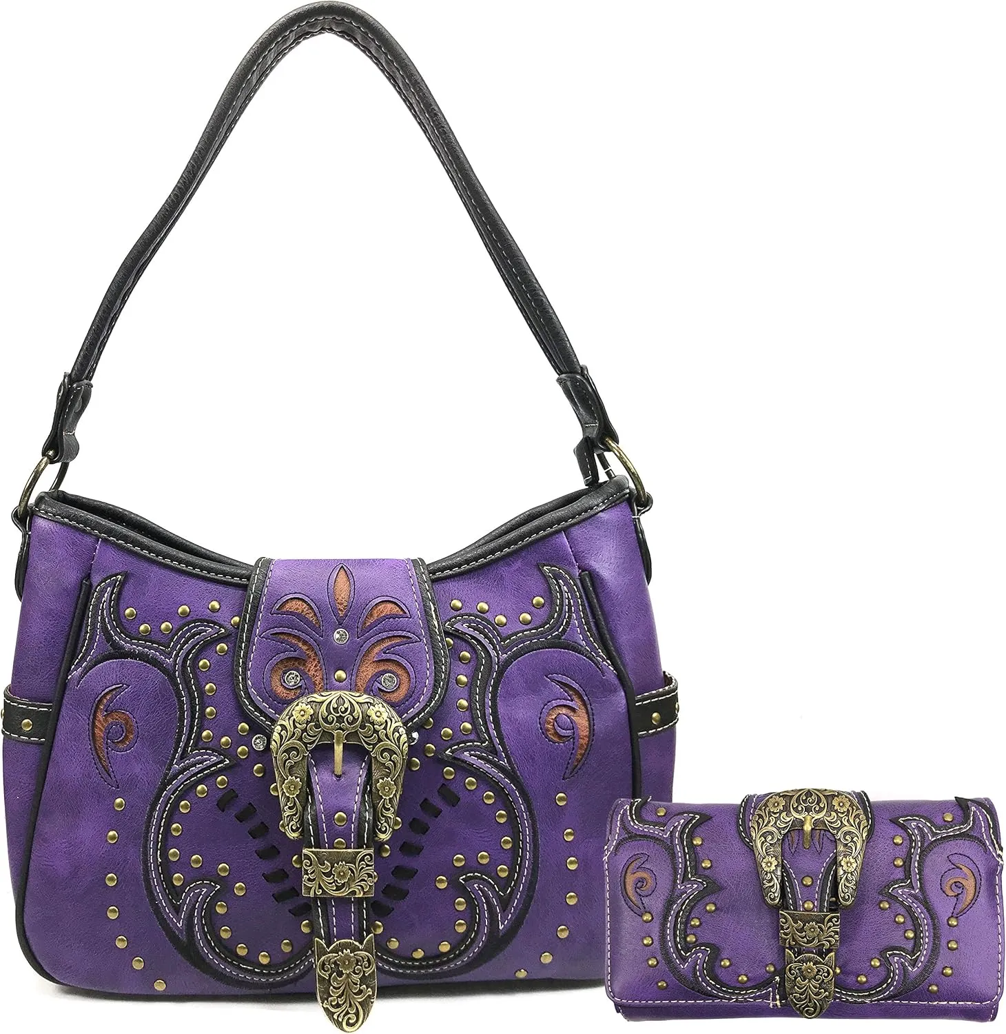 Justin West Patina Girl Western Bronze Floral Buckle Conceal Carry Handbag Purse Tote and Strap Wallet