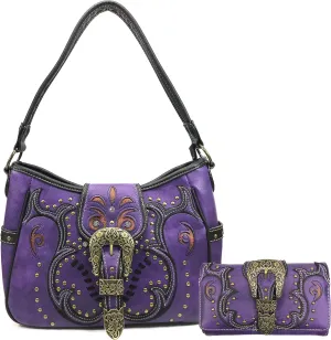 Justin West Patina Girl Western Bronze Floral Buckle Conceal Carry Handbag Purse Tote and Strap Wallet