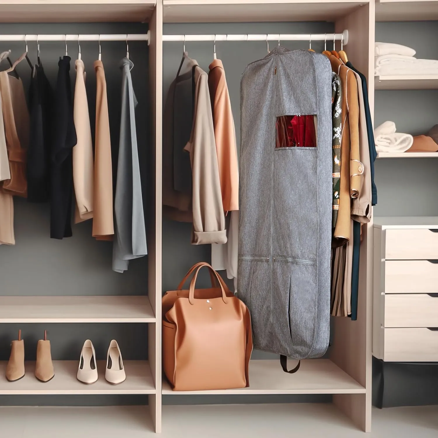 KEEGH Garment Bags for Travel 54" Tri-fold Garment Bag for Dresses Long Suit Bags Dress Bags for Closet Storage Hanging Clothes for Suit Coats Tuxedos Dresses with 4 Big Pockets, Grey