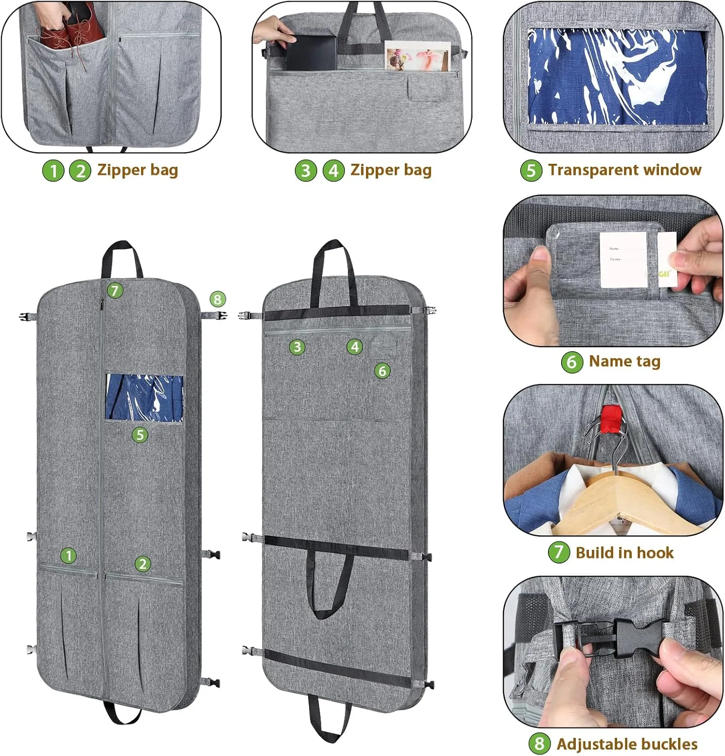 KEEGH Garment Bags for Travel 54" Tri-fold Garment Bag for Dresses Long Suit Bags Dress Bags for Closet Storage Hanging Clothes for Suit Coats Tuxedos Dresses with 4 Big Pockets, Grey