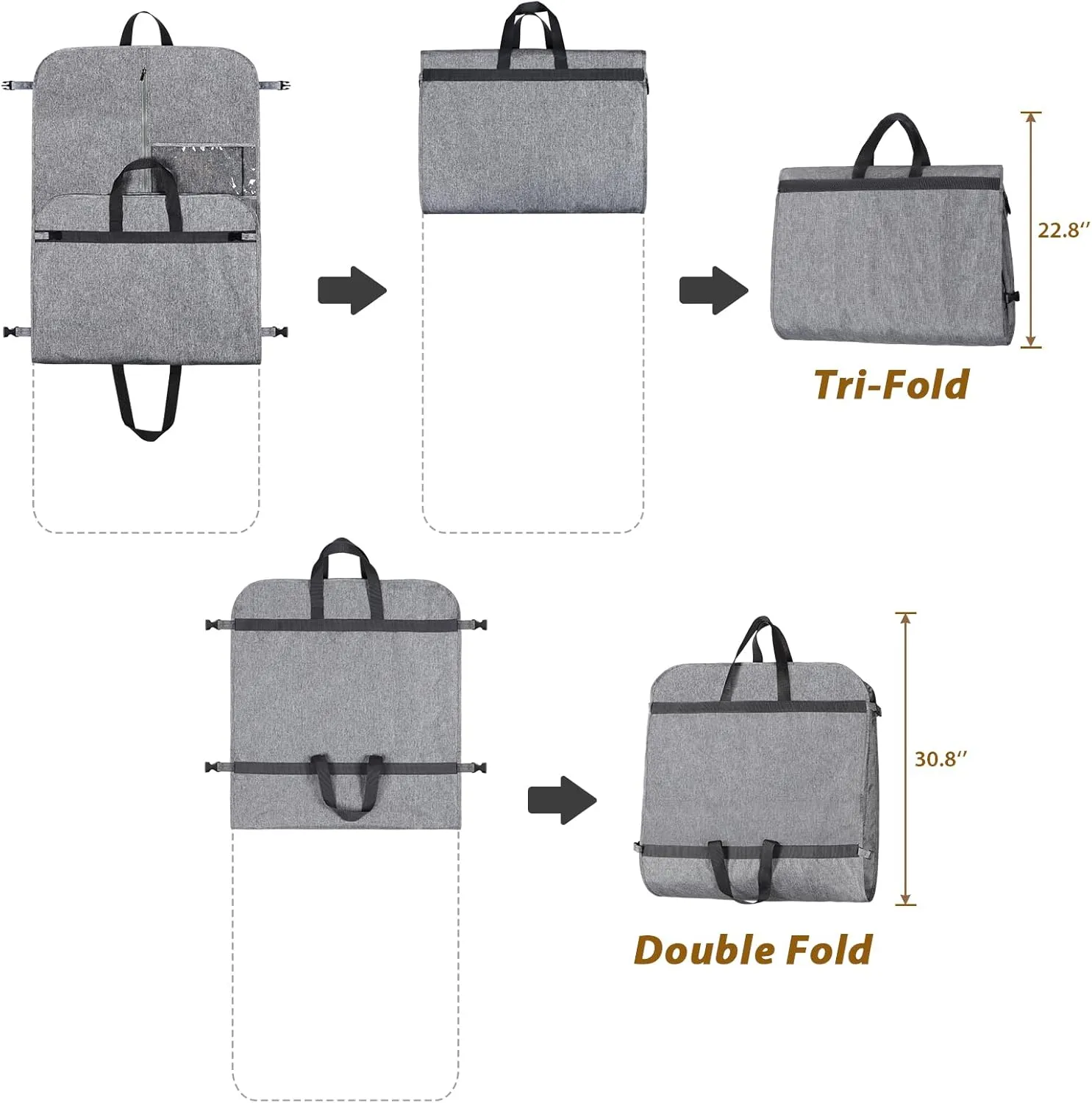 KEEGH Garment Bags for Travel 54" Tri-fold Garment Bag for Dresses Long Suit Bags Dress Bags for Closet Storage Hanging Clothes for Suit Coats Tuxedos Dresses with 4 Big Pockets, Grey