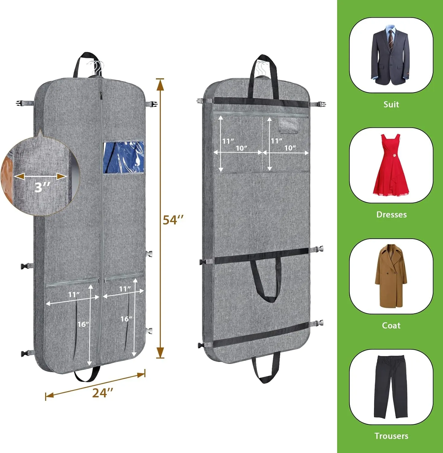 KEEGH Garment Bags for Travel 54" Tri-fold Garment Bag for Dresses Long Suit Bags Dress Bags for Closet Storage Hanging Clothes for Suit Coats Tuxedos Dresses with 4 Big Pockets, Grey