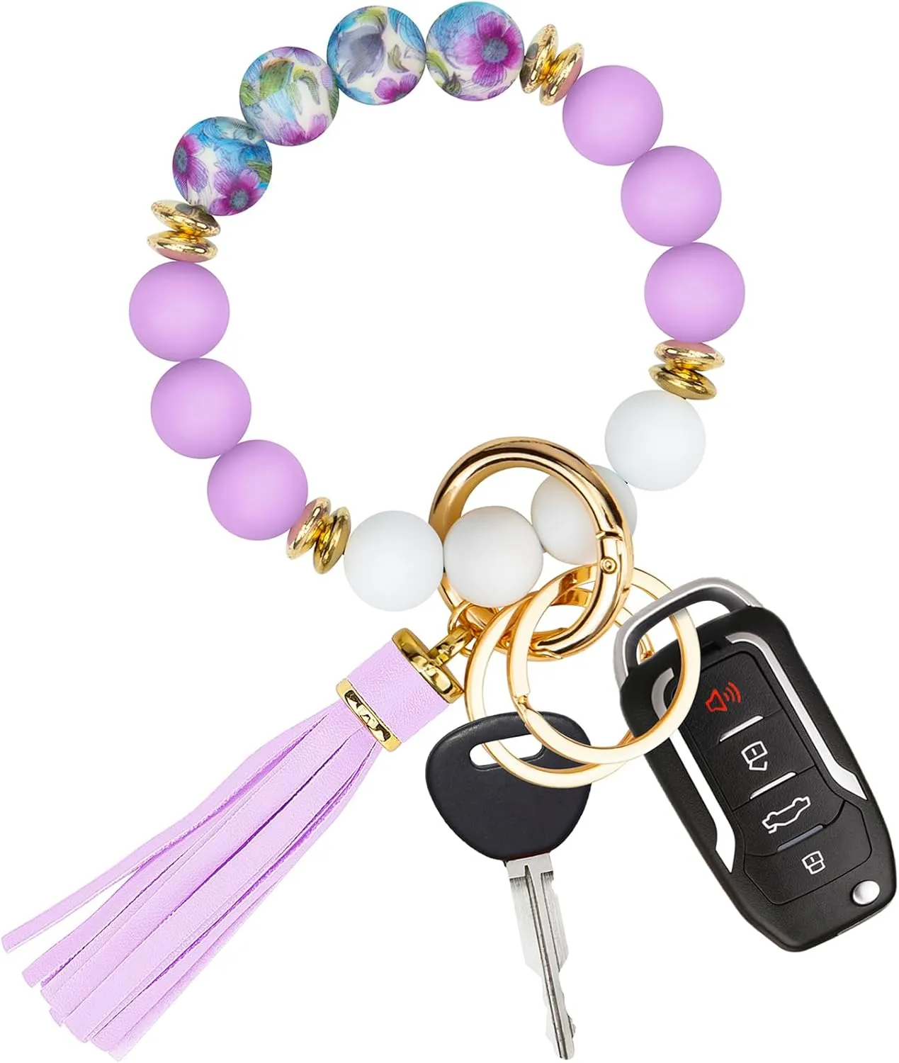 Key Ring Bracelet Car Keychain Holder Wristlet Silicone Beaded Bangle Chains for Women
