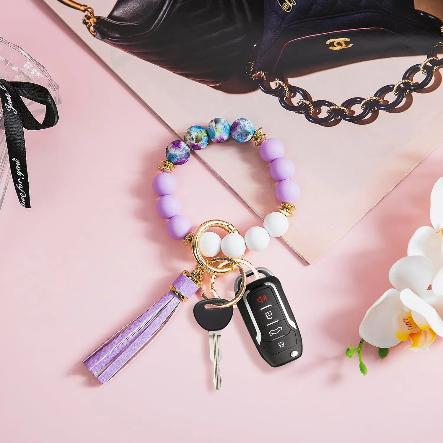 Key Ring Bracelet Car Keychain Holder Wristlet Silicone Beaded Bangle Chains for Women