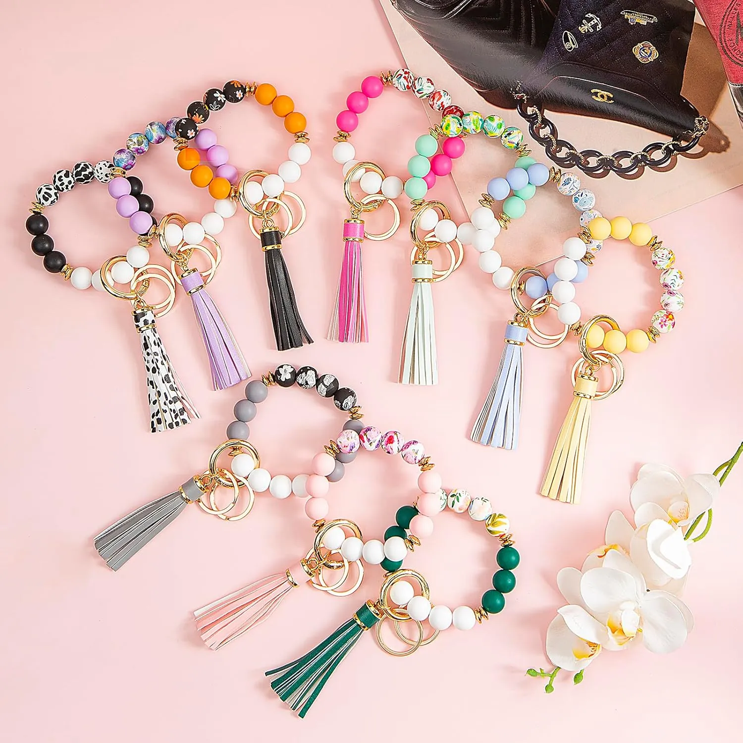 Key Ring Bracelet Car Keychain Holder Wristlet Silicone Beaded Bangle Chains for Women