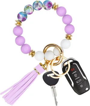 Key Ring Bracelet Car Keychain Holder Wristlet Silicone Beaded Bangle Chains for Women