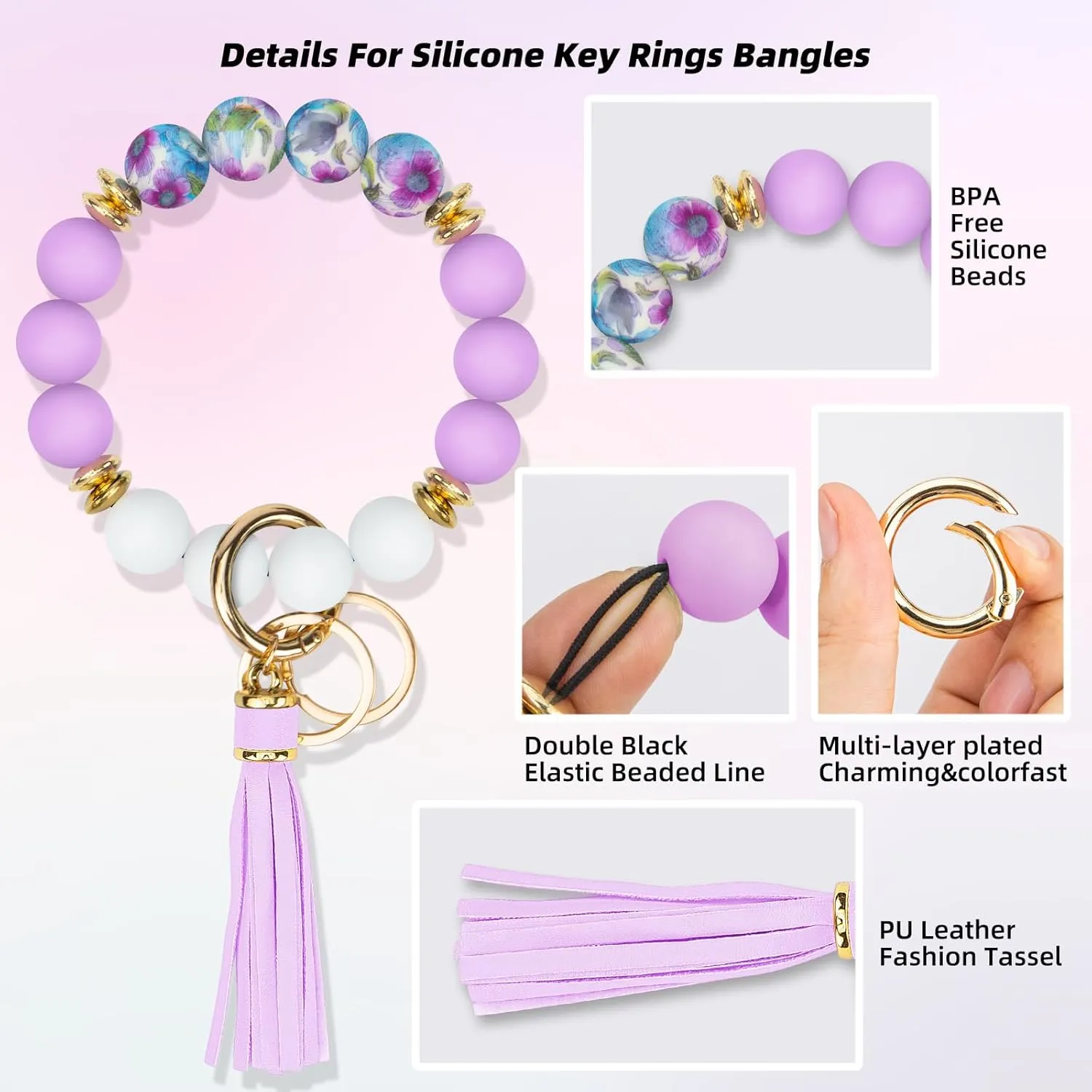 Key Ring Bracelet Car Keychain Holder Wristlet Silicone Beaded Bangle Chains for Women