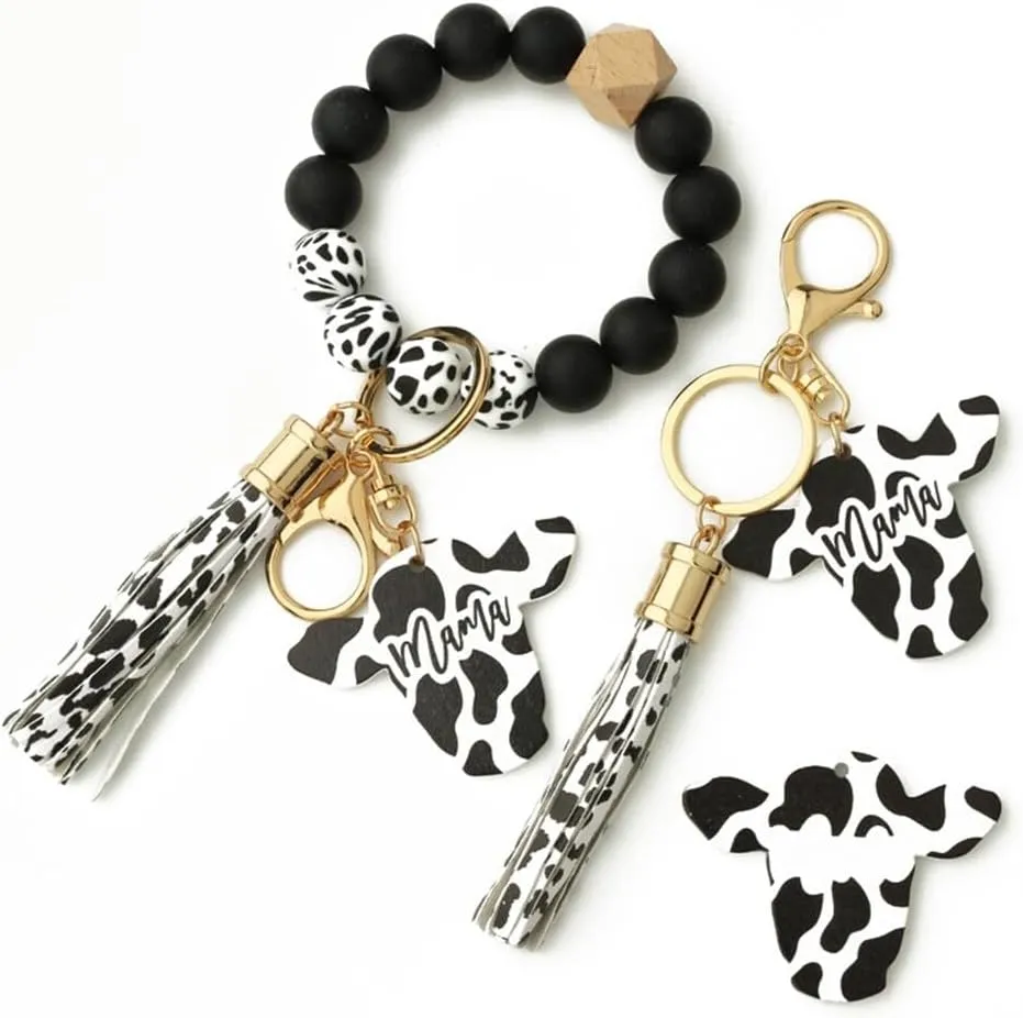 Keychain Bracelet Wristlet with Tassel, Silicone Cow Print Beaded Key Ring Bracelet with Card Wallet, Cute Boho Car Key Chain Wristlet Elastic Keyring Bangle for Womens Protection, Type 5