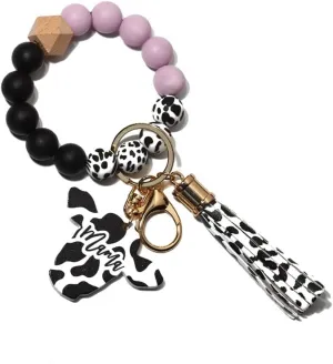 Keychain Bracelet Wristlet with Tassel, Silicone Cow Print Beaded Key Ring Bracelet with Card Wallet, Cute Boho Car Key Chain Wristlet Elastic Keyring Bangle for Womens Protection, Type 5