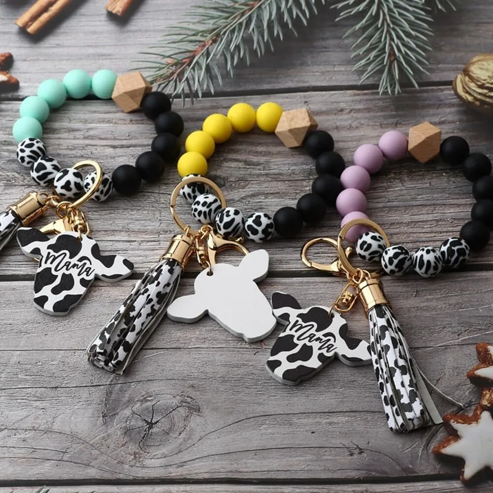 Keychain Bracelet Wristlet with Tassel, Silicone Cow Print Beaded Key Ring Bracelet with Card Wallet, Cute Boho Car Key Chain Wristlet Elastic Keyring Bangle for Womens Protection, Type 5